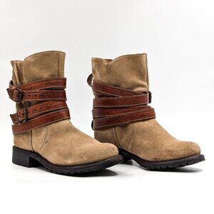 Sendra Women Sand Suede Leather Strap Buckle Moto Biker Ankle Boots sz 6